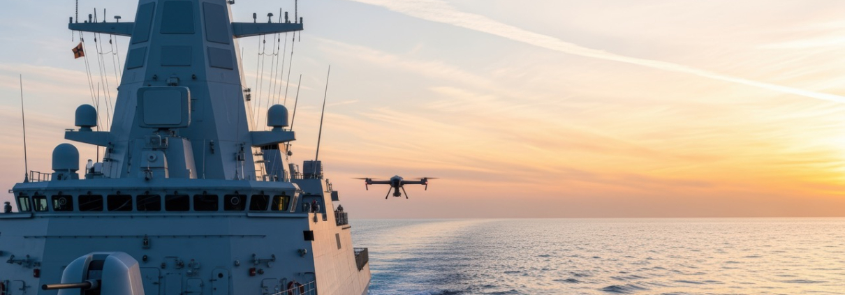 Modern naval vessel patrolling a calm sea at sunset, with a surveillance drone deploying above the ocean surface for a maritime security operation – AI-generated artist’s impression.