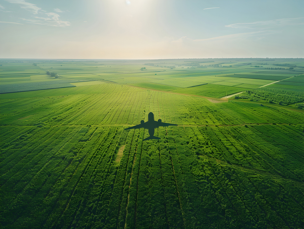 Aerial Drone Captures Commercial Airplane Flying Over Lush Green