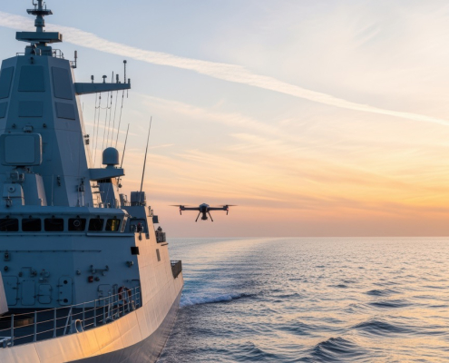 Modern naval vessel patrolling a calm sea at sunset, with a surveillance drone deploying above the ocean surface for a maritime security operation – AI-generated artist’s impression.
